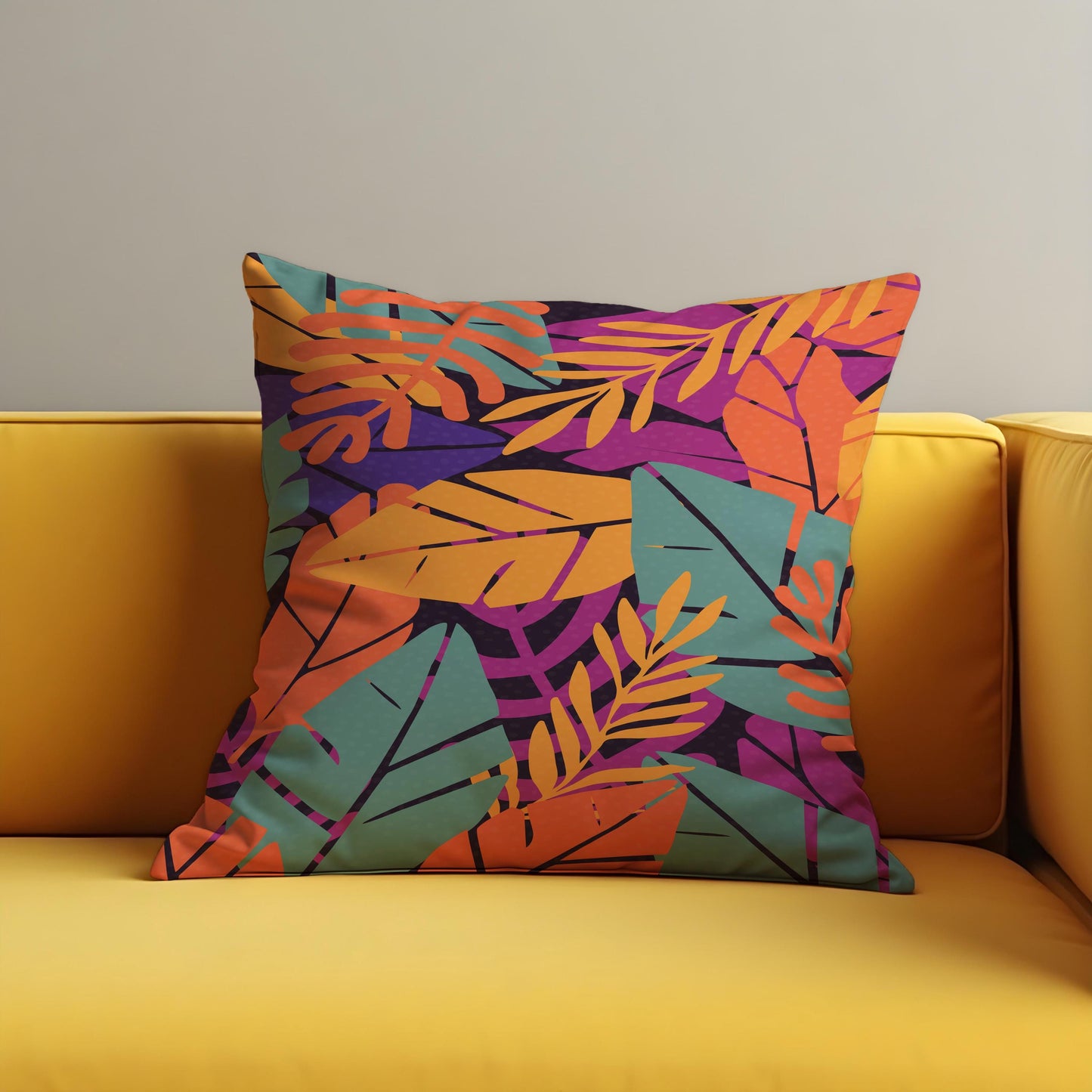 Tropical Leaf Cushion Cover, Orange & Green Botanical Print Pillow Case