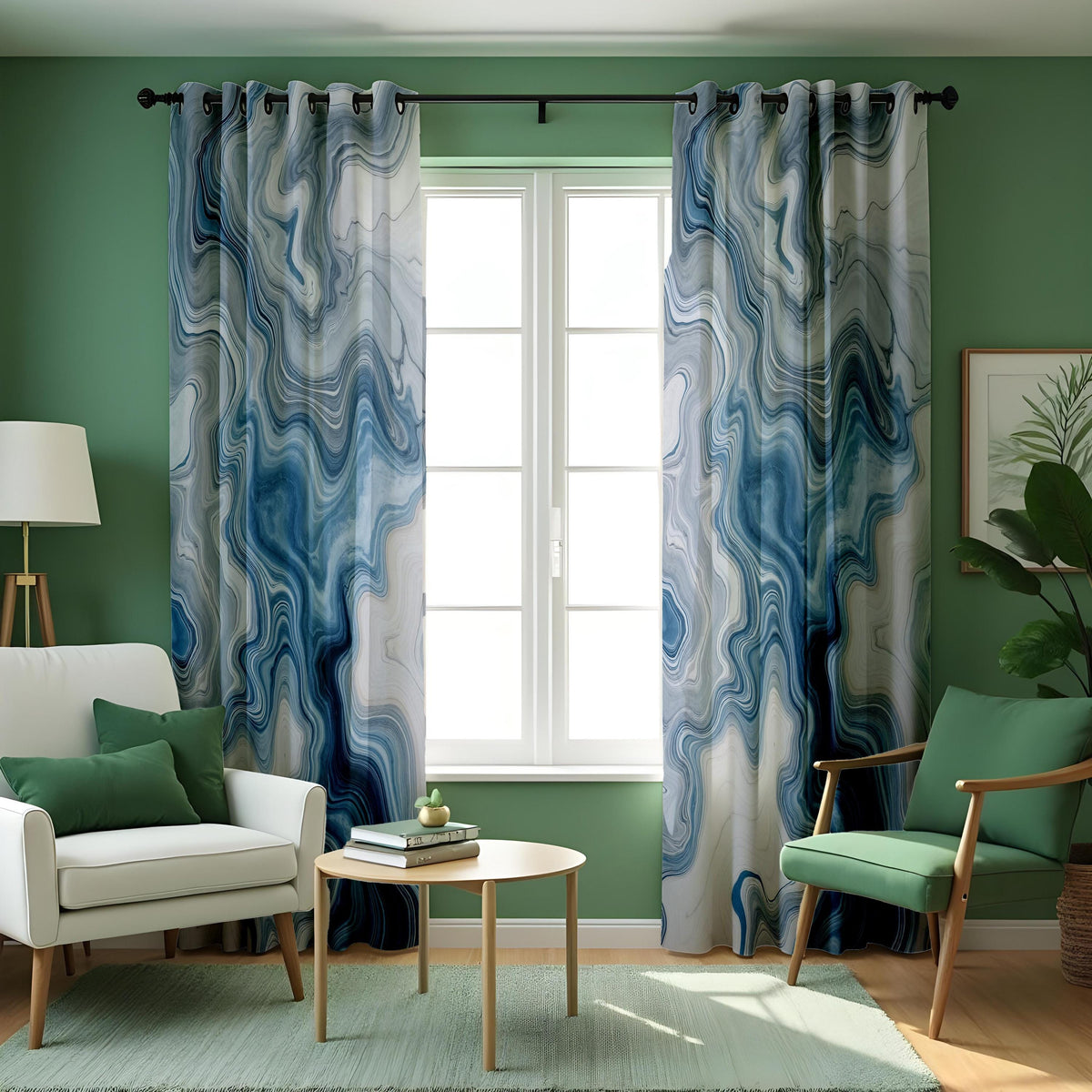 Blue Grey Marble Curtains, Fluid Abstract Custom Drapes