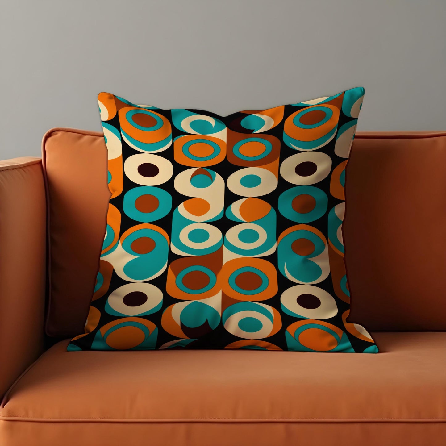Retro Circle Pattern Cushion Cover, 70s Style Teal Throw Pillow Case