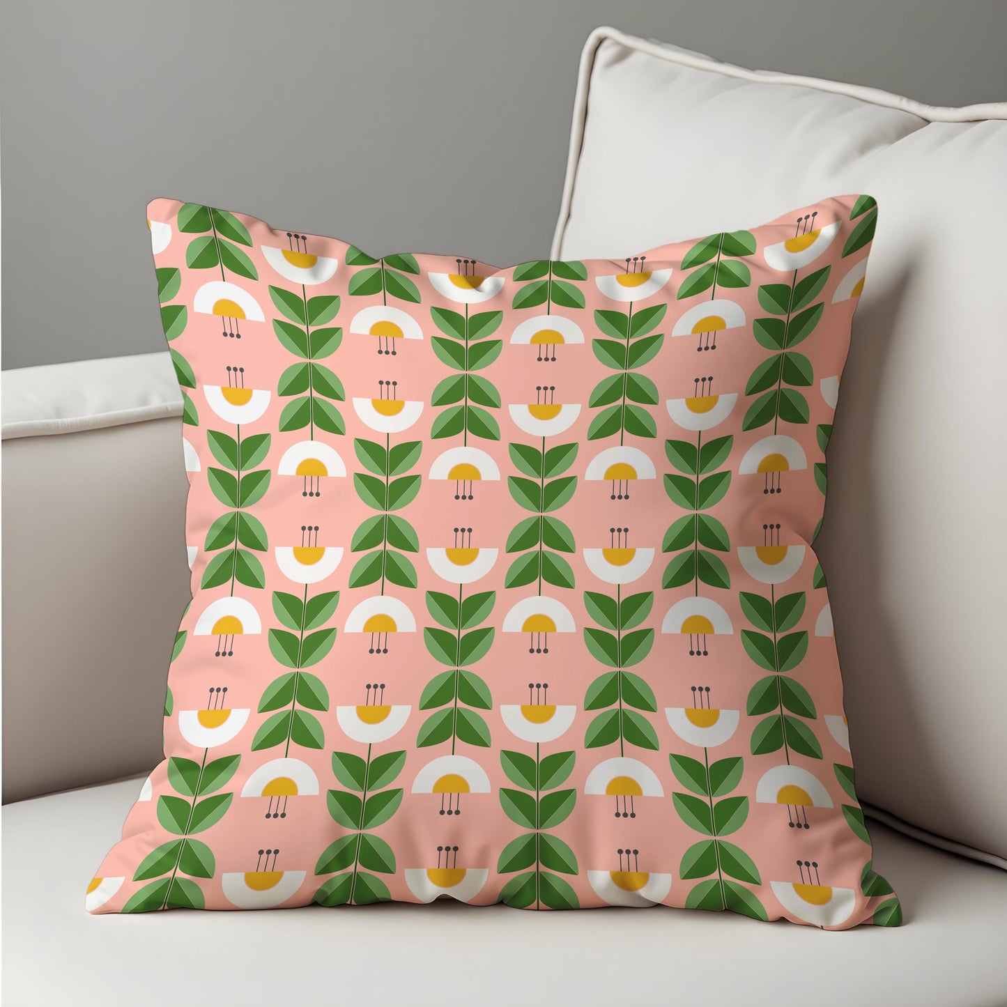 Retro Floral Cushion Cover, Green Leaf & Yellow Flower Pillow Case