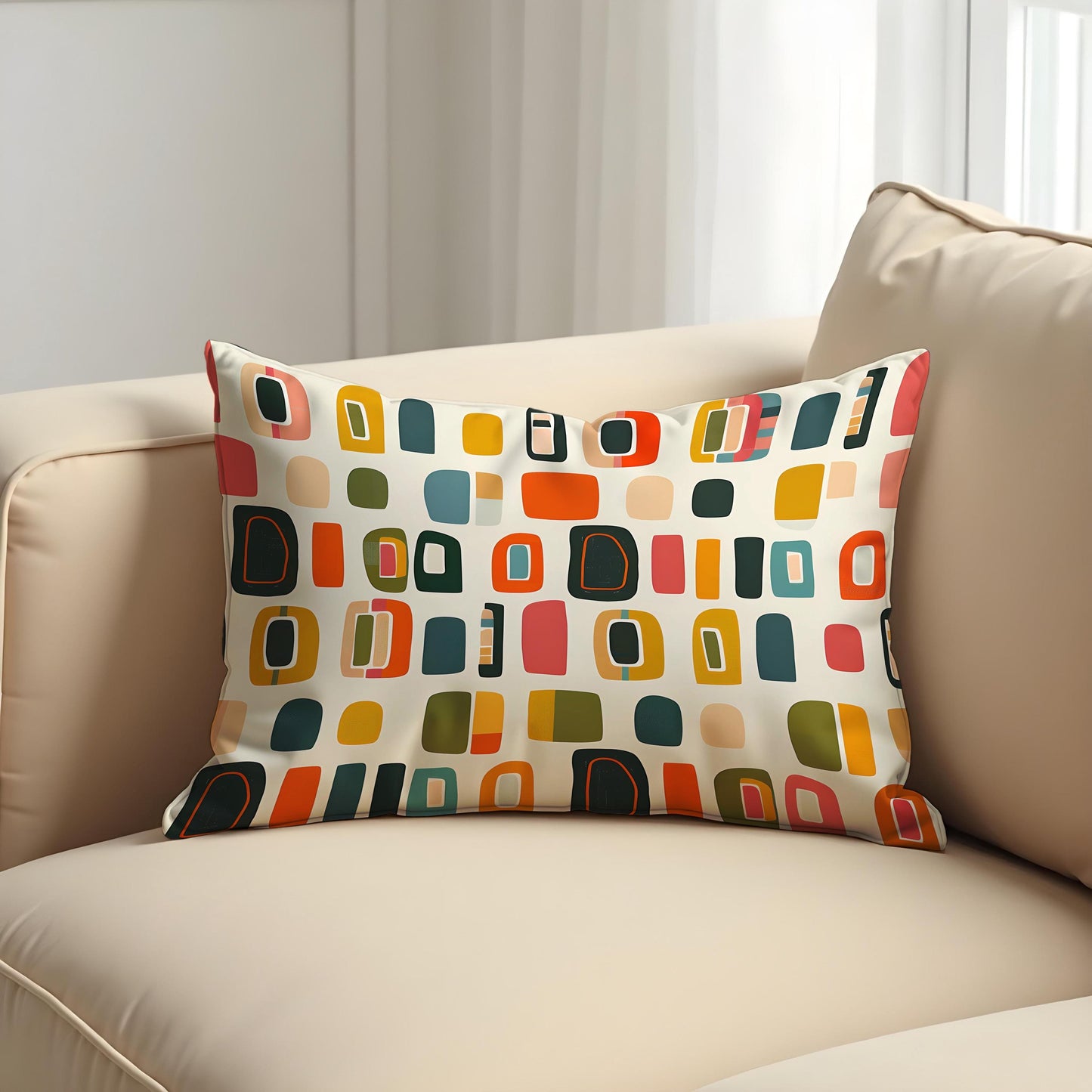 Retro Geometric Cushion Cover, Mid-Century Modern Blocks Pillow Case
