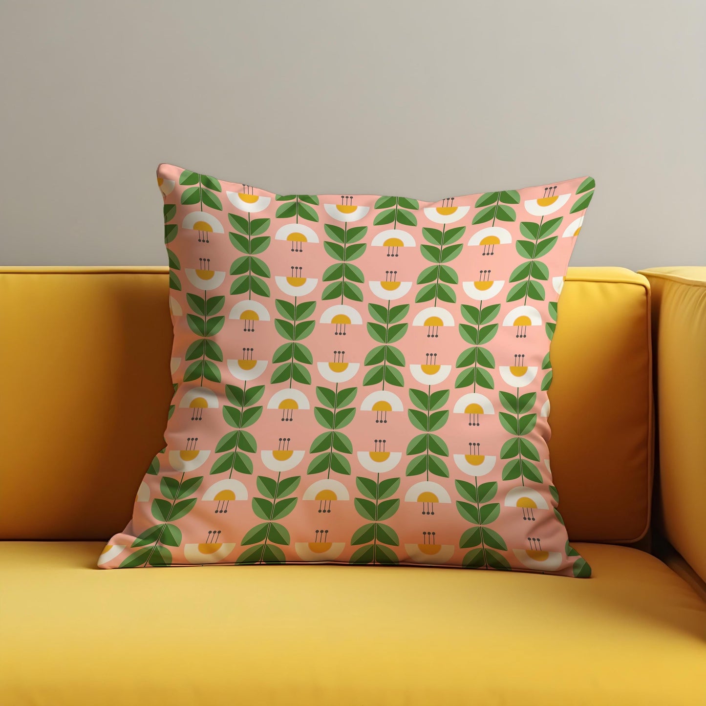 Retro Floral Cushion Cover, Green Leaf & Yellow Flower Pillow Case