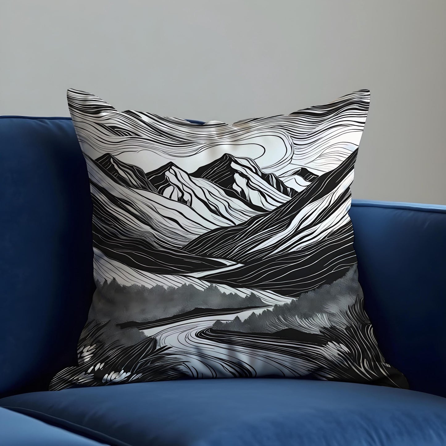 Black & White Mountain Cushion Cover, Monochrome Landscape Pillow Cover