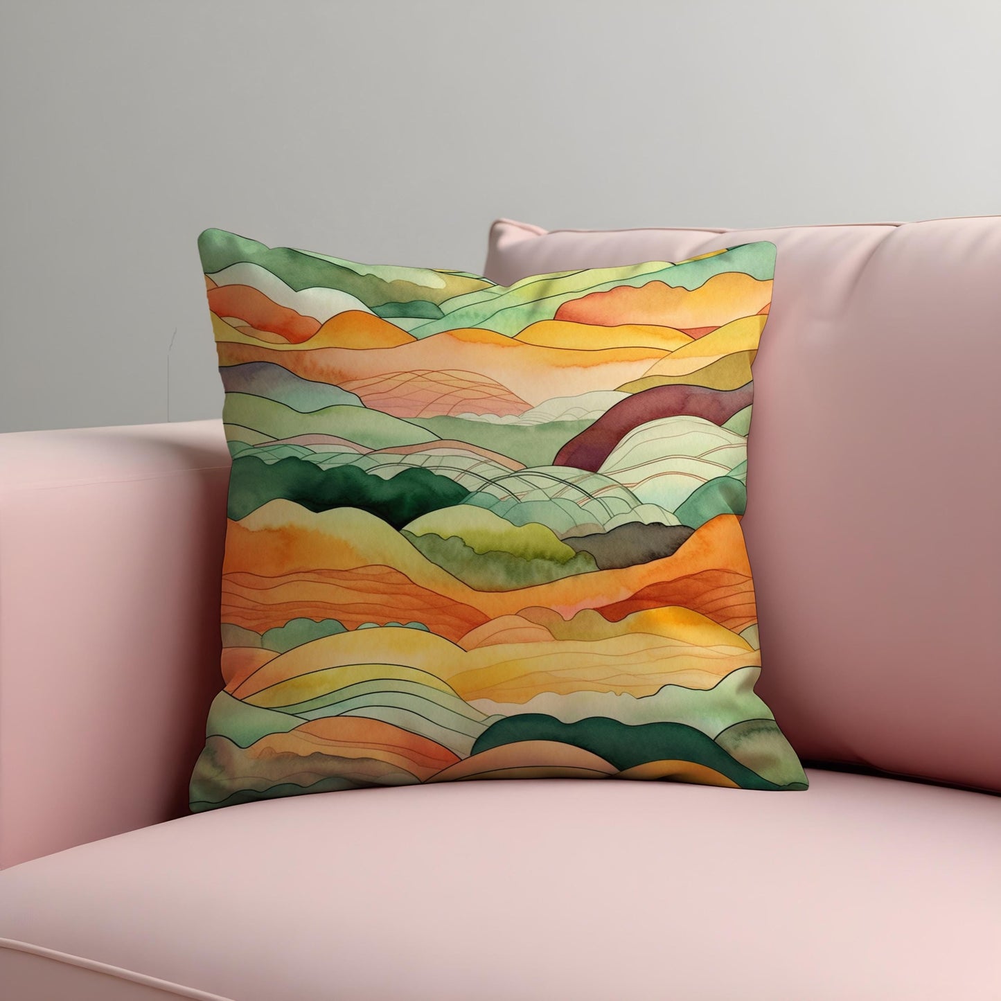 Watercolor Hills Cushion Cover, Autumn Landscape Pillow Case