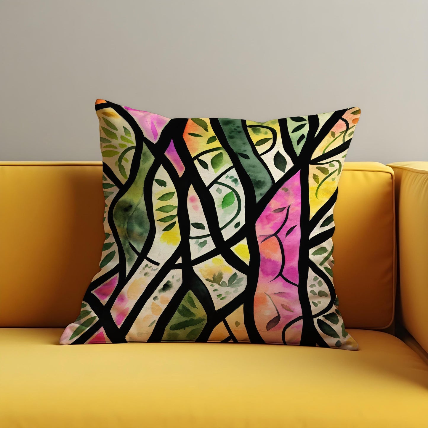 Stained Glass Leaf Cushion Cover, Colorful Tree Branch Pillow Cover