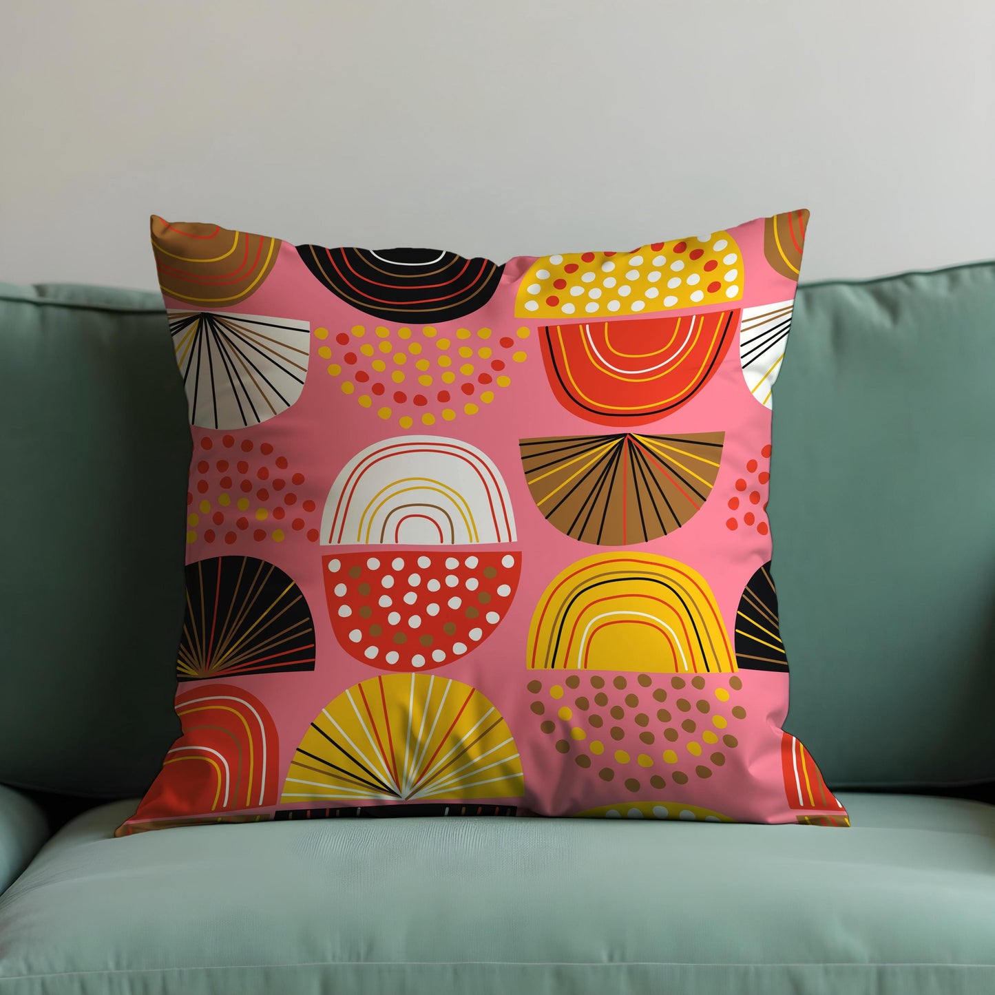 Bold Geometric Cushion Cover, Colorful Half Circles & Dots Pillow Cover