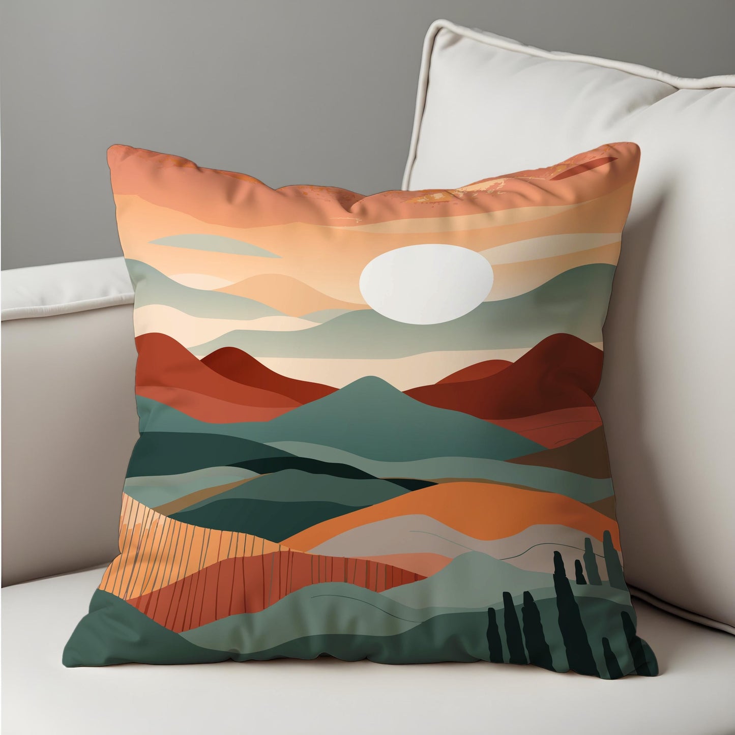 Minimalist Landscape Cushion Cover, Earthy Sunset Scene Pillowcase