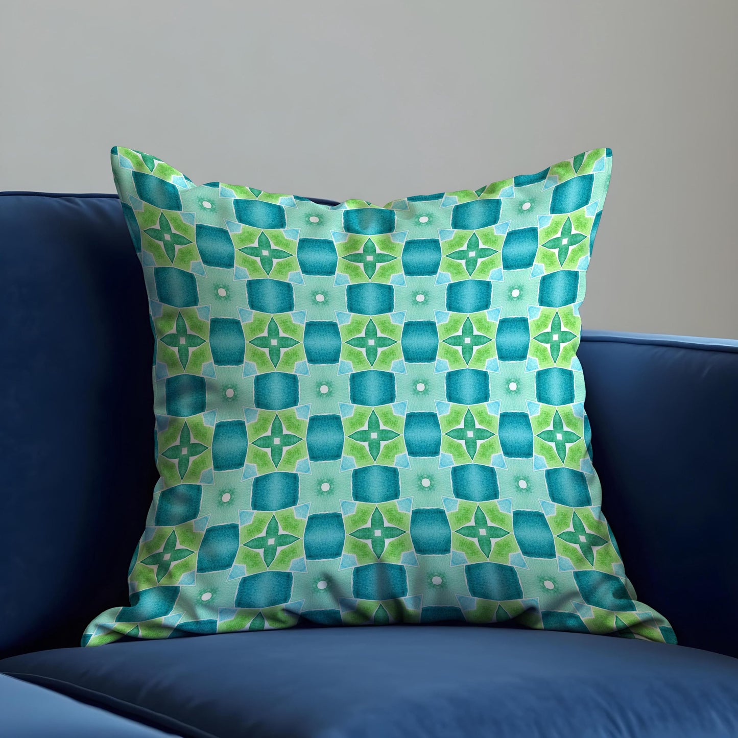 Retro Blue Green Cushion Cover, Mid Century Modern Tile Pillow Cover