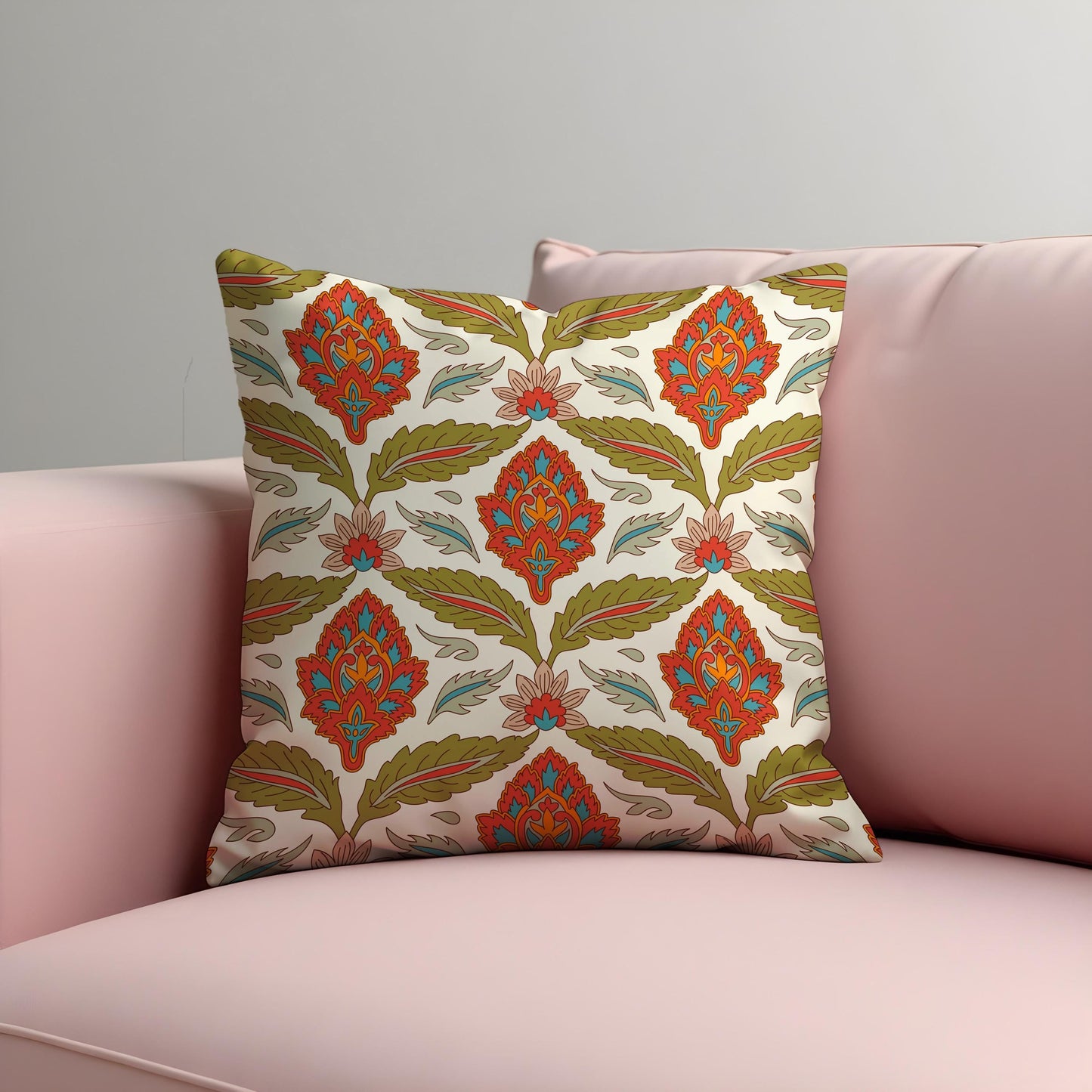 Boho Floral Cushion Cover, Red & Olive Classic Pillow Cover