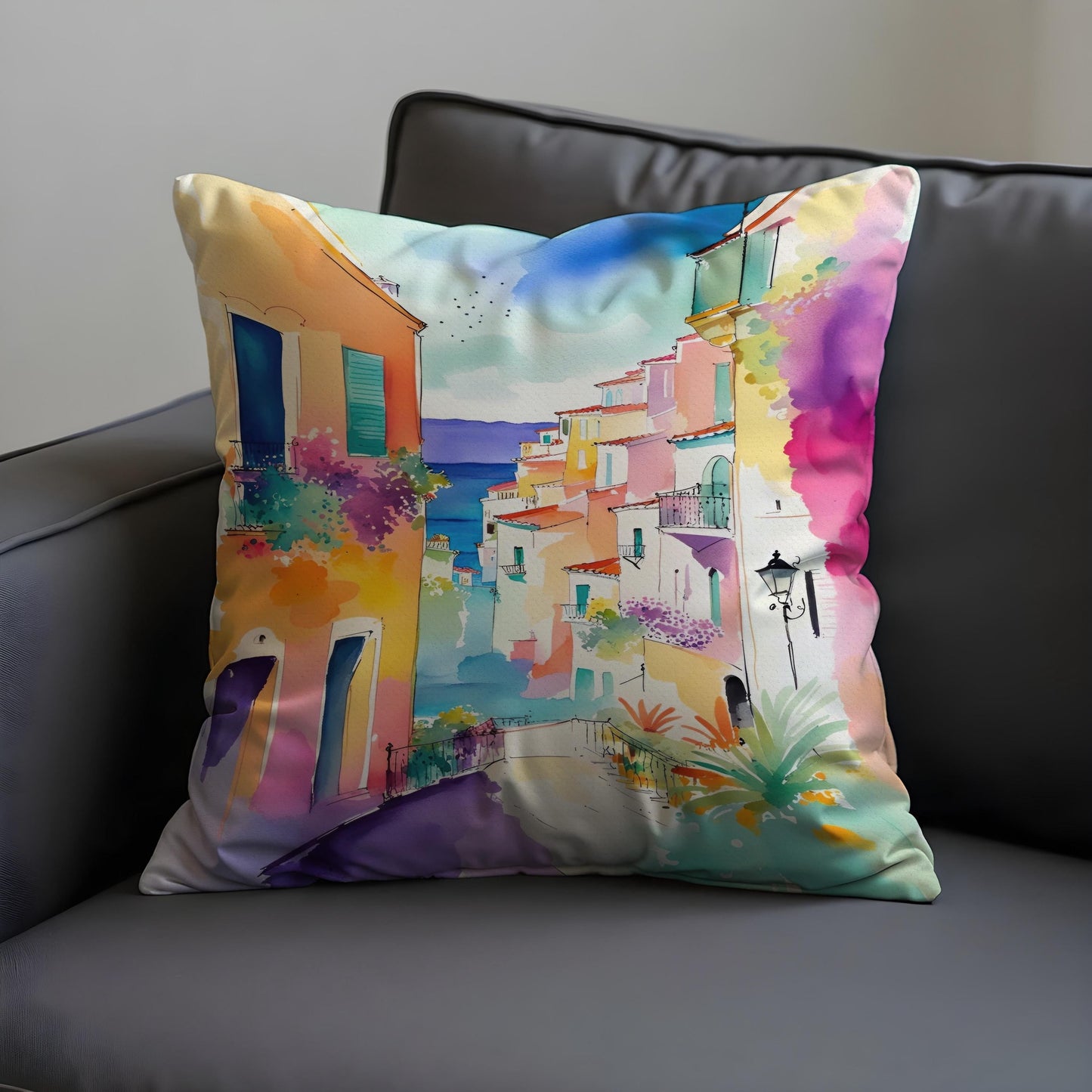 Coastal Town Cushion Cover, Mediterranean Street View Pillow Case