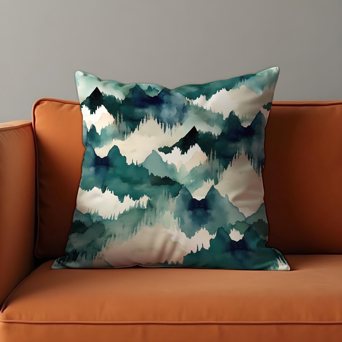 Watercolor Mountain Cushion Cover, Blue Green Forest Landscape Pillow Case