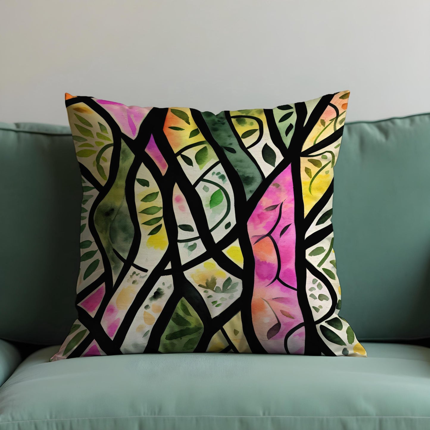 Stained Glass Leaf Cushion Cover, Colorful Tree Branch Pillow Cover