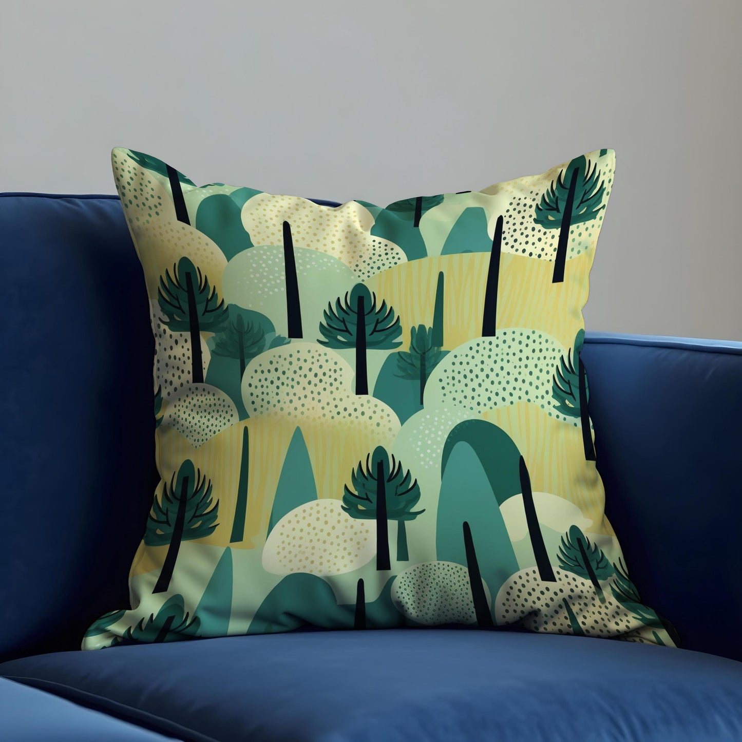 Abstract Forest Cushion Cover, Modern Tree & Hills Landscape Pillowcase