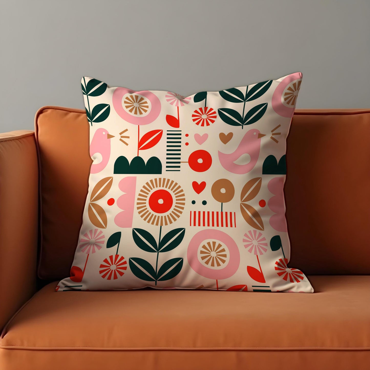 Scandi Folk Art Cushion Cover, Pink Bird & Floral Throw Pillow Cover