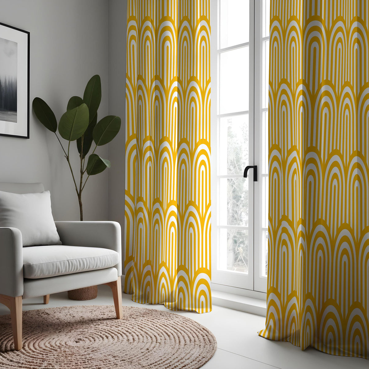 Mustard Yellow Retro Arch Curtains, Rainbow Geometric Drapes