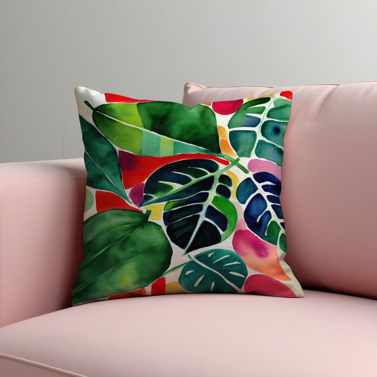 Tropical Watercolor Leaf Cushion Cover, Colorful Jungle Botanical Pillowcase