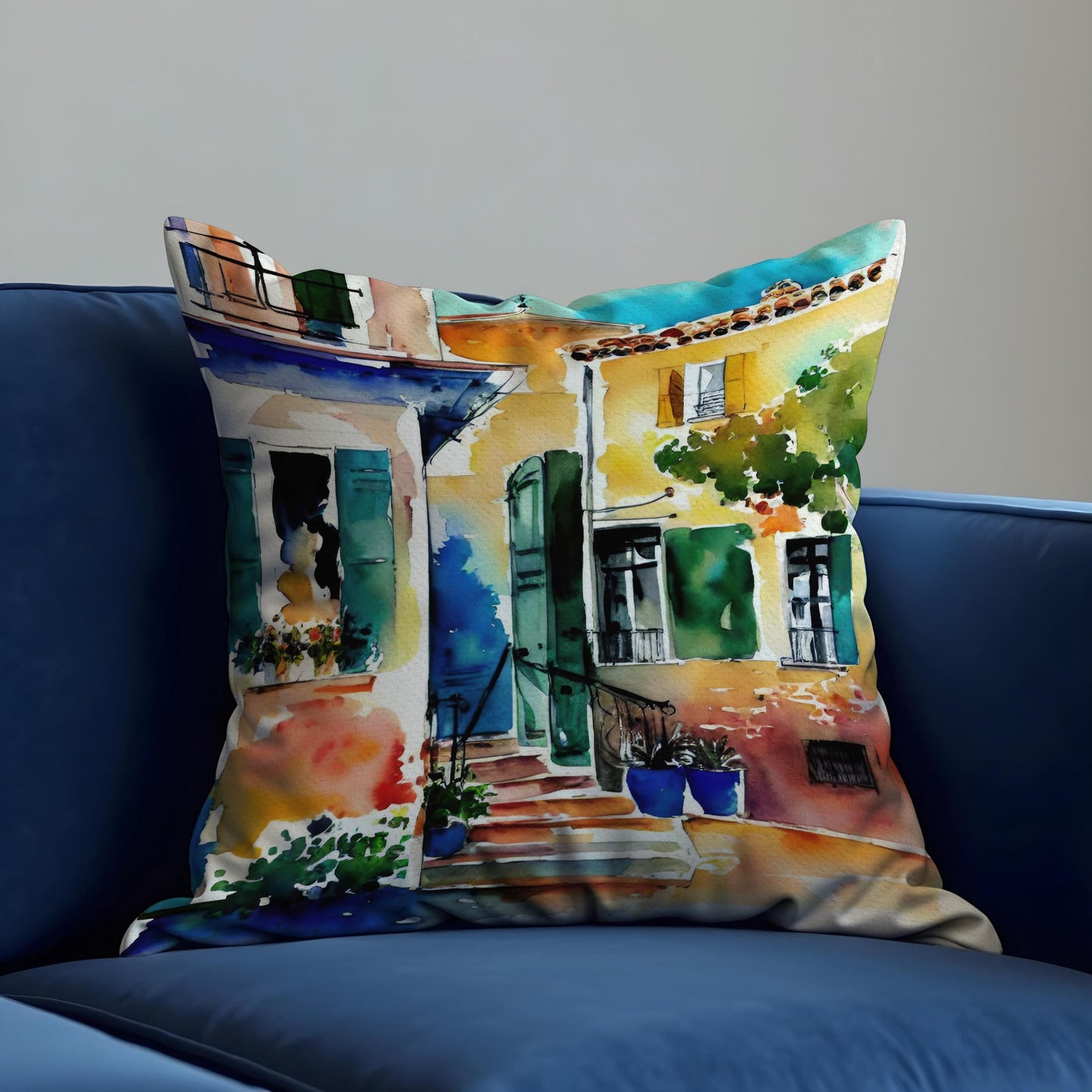 Mediterranean House Cushion Cover, Watercolor Village Scene Pillowcase