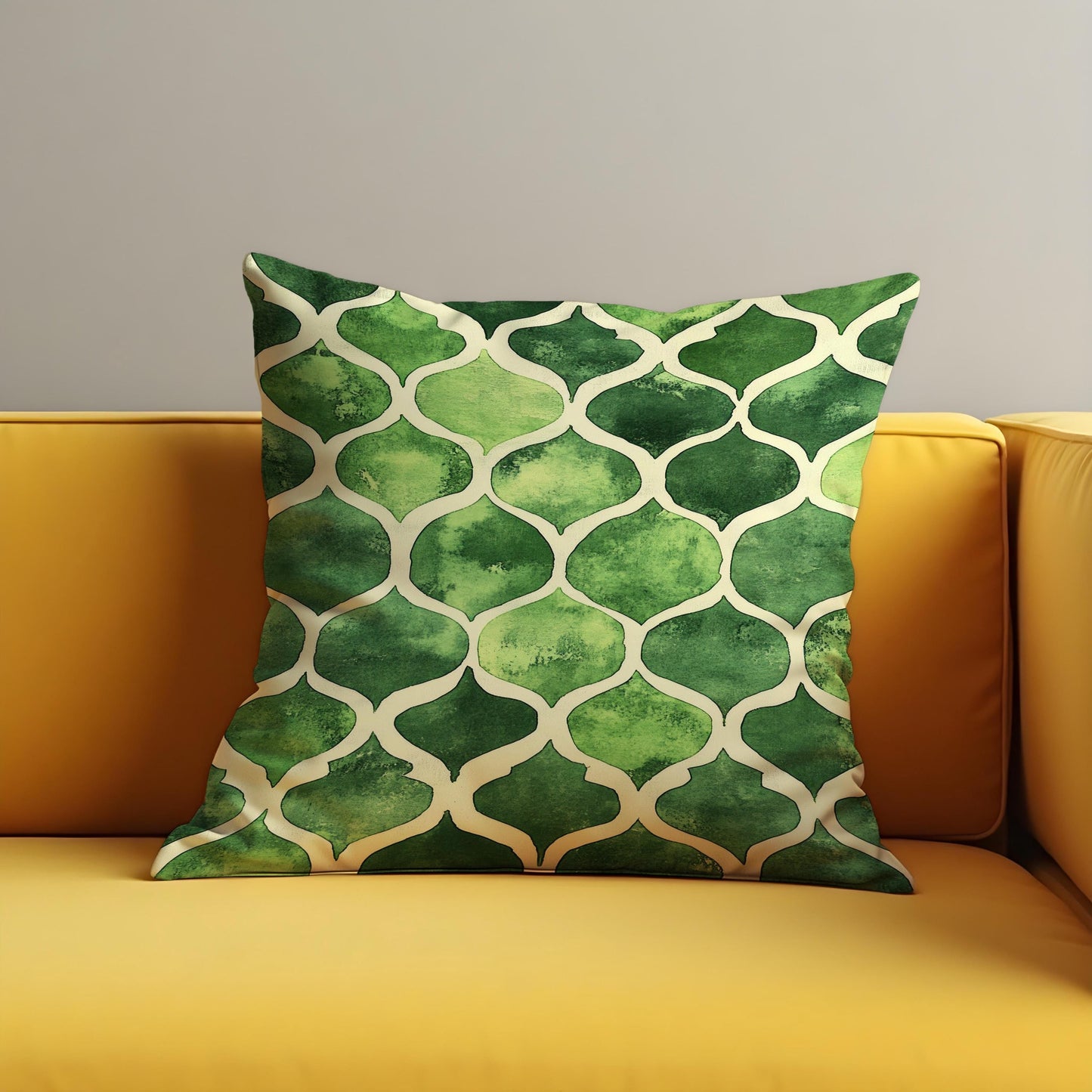 Green Moroccan Trellis Cushion Cover, Watercolor Style Pillow Cover