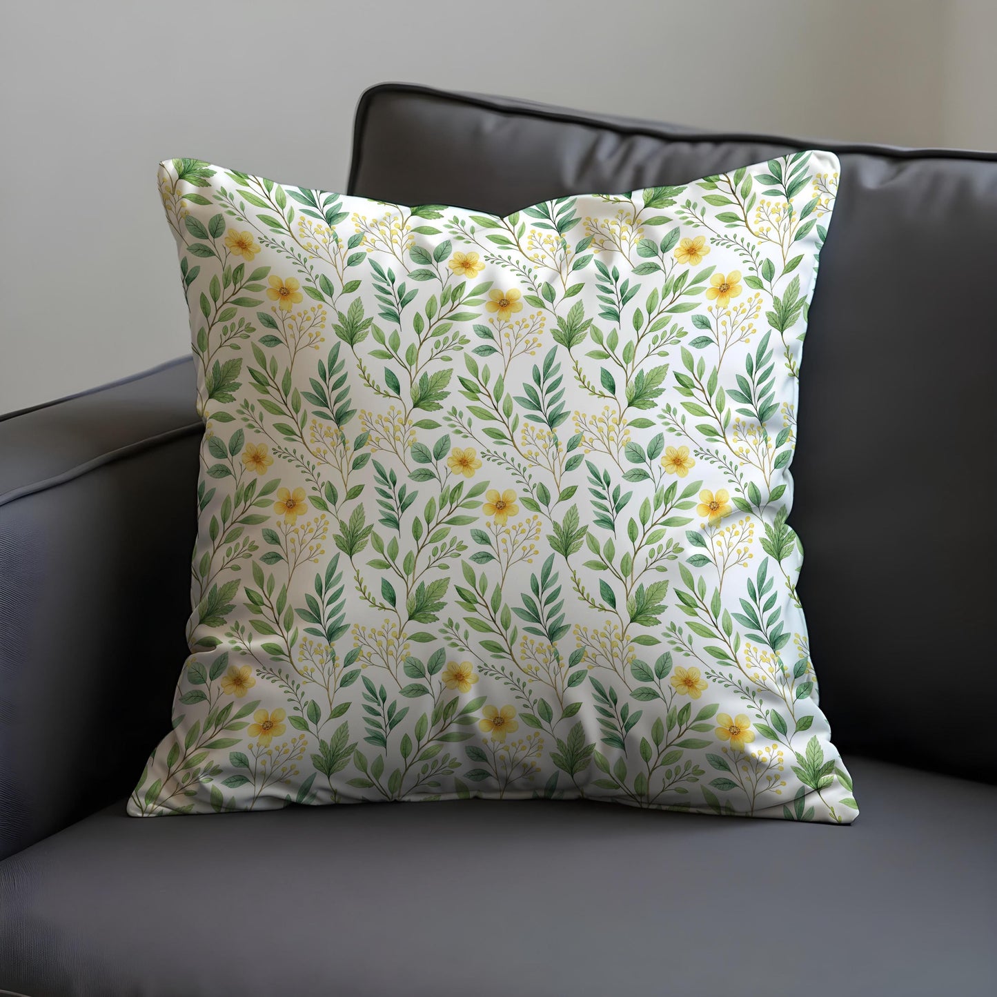 Spring Botanical Cushion Cover, Green Leaves & Yellow Floral Pillow Case