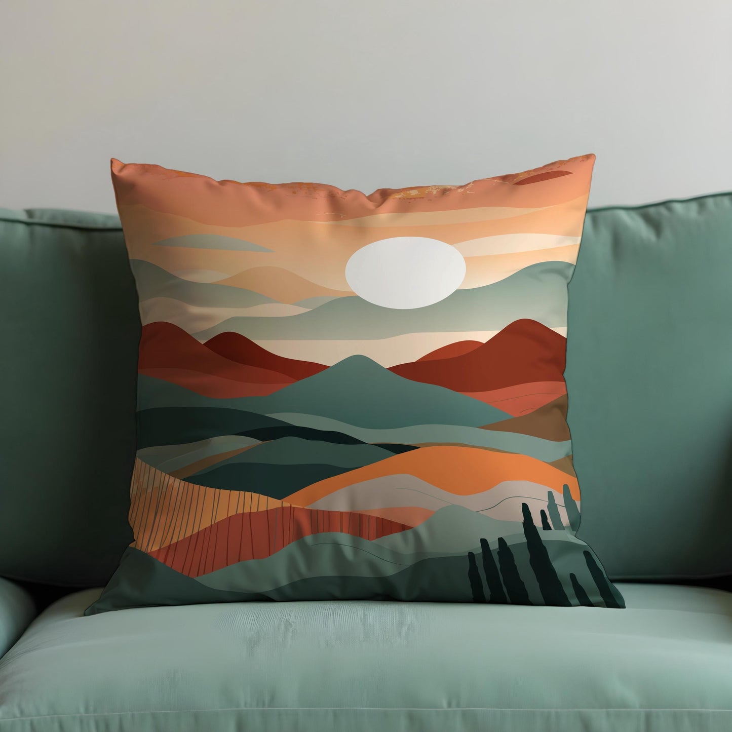 Minimalist Landscape Cushion Cover, Earthy Sunset Scene Pillowcase