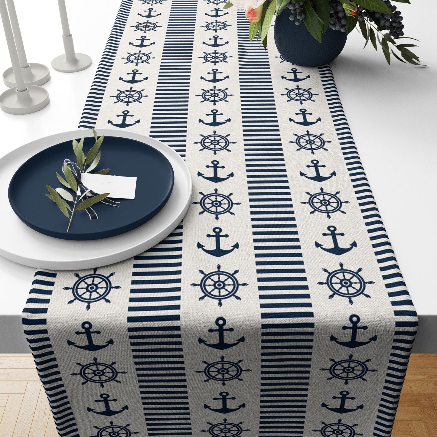 Blue Table Runner with Nautical Table Decor