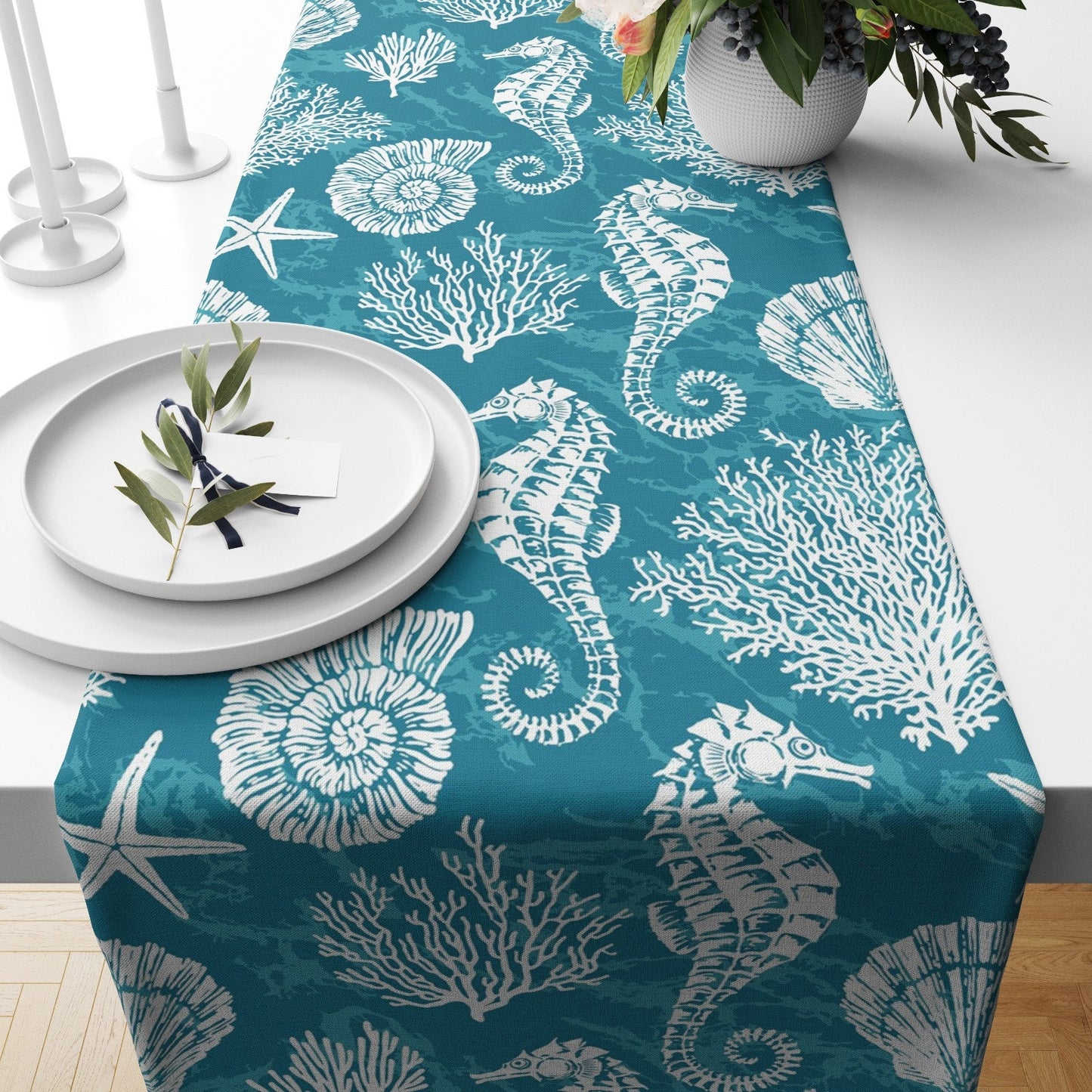 Blue Table Runner with Nautical Table Decor