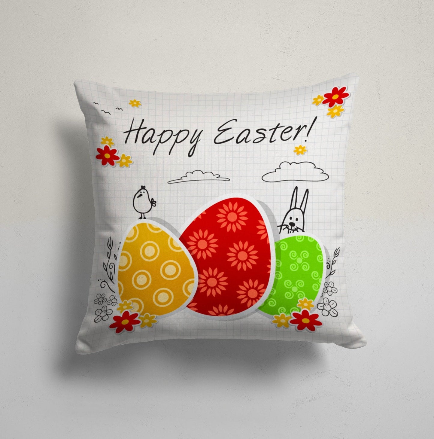 Easter Bunny and Eggs Cushion Cover, Cute Spring Holiday Decor