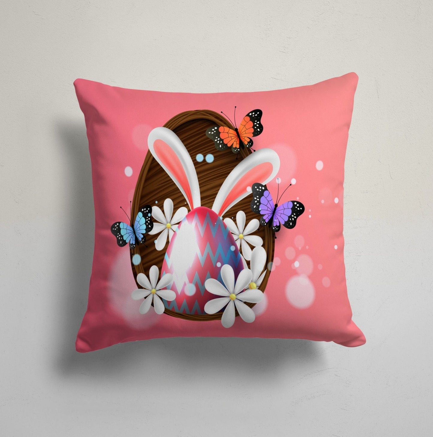 Easter Bunny and Eggs Cushion Cover, Cute Spring Holiday Decor