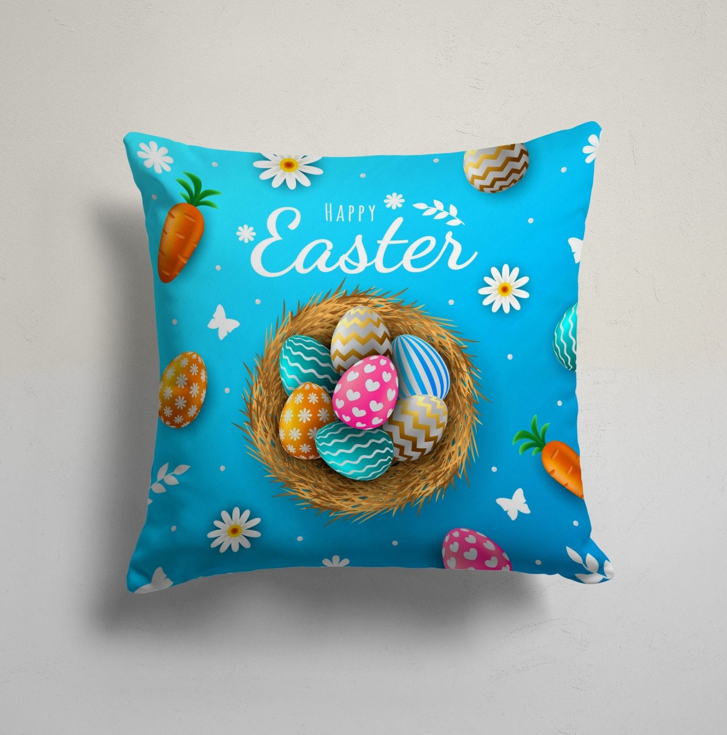 Easter Bunny and Eggs Cushion Cover, Cute Spring Holiday Decor