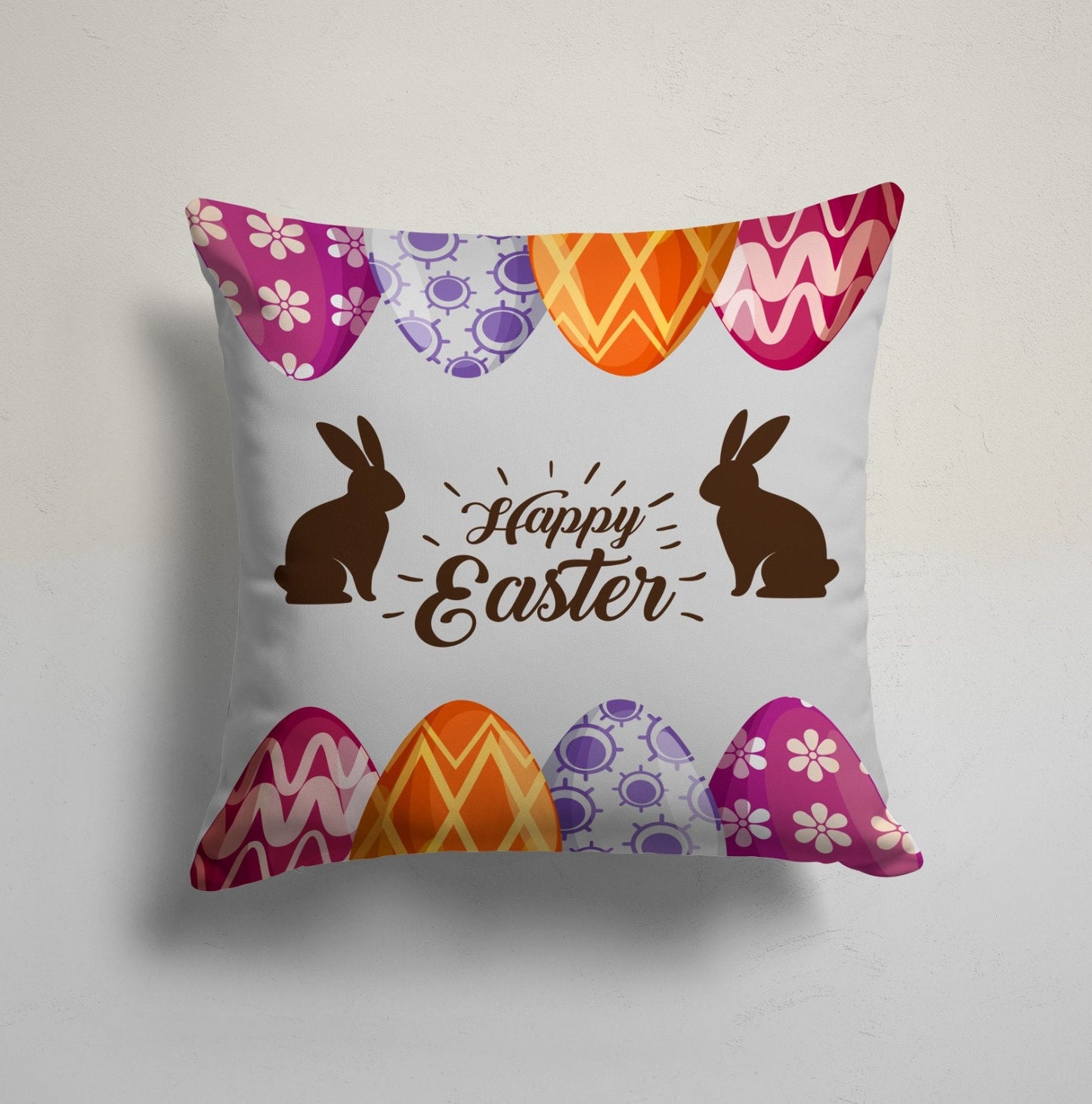 Easter Bunny and Eggs Cushion Cover, Cute Spring Holiday Decor