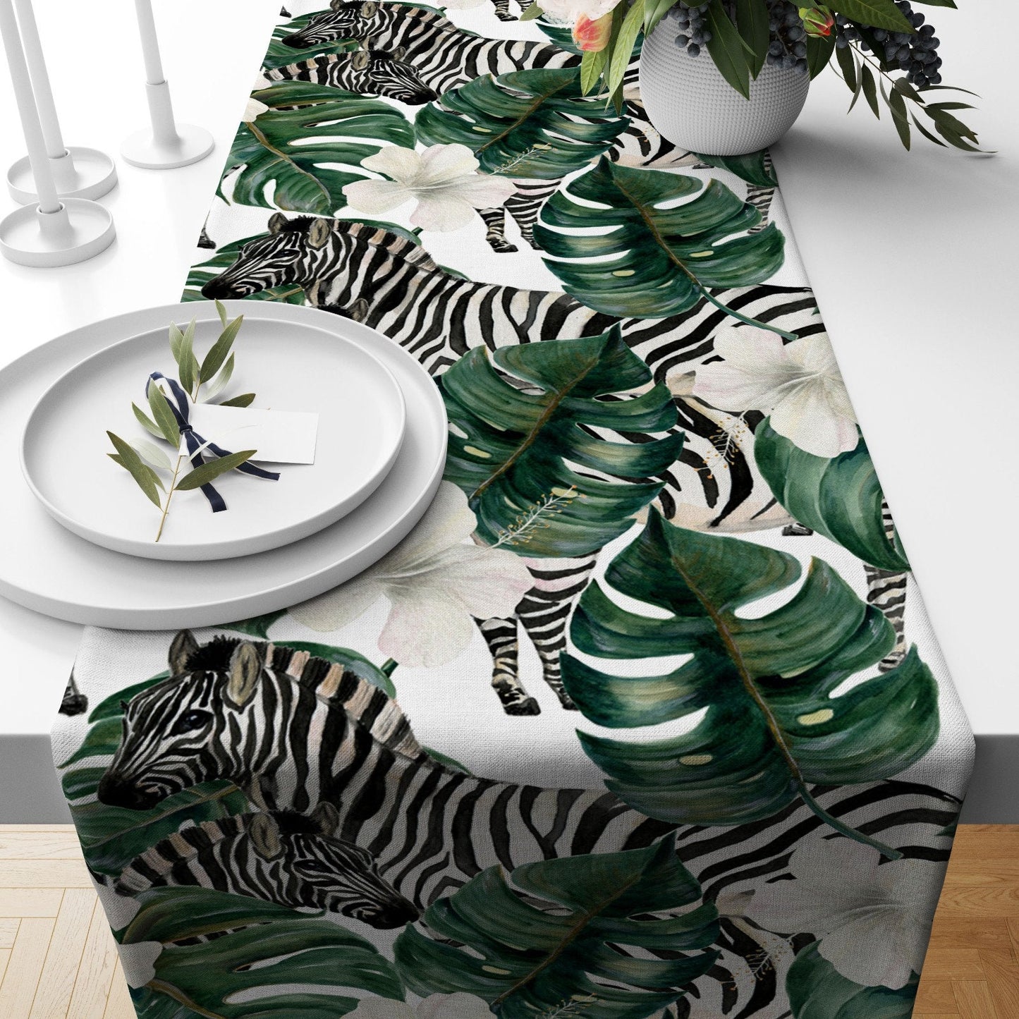 Tropical Zebra and Cheetah Table Runner with Green Palm Leaves