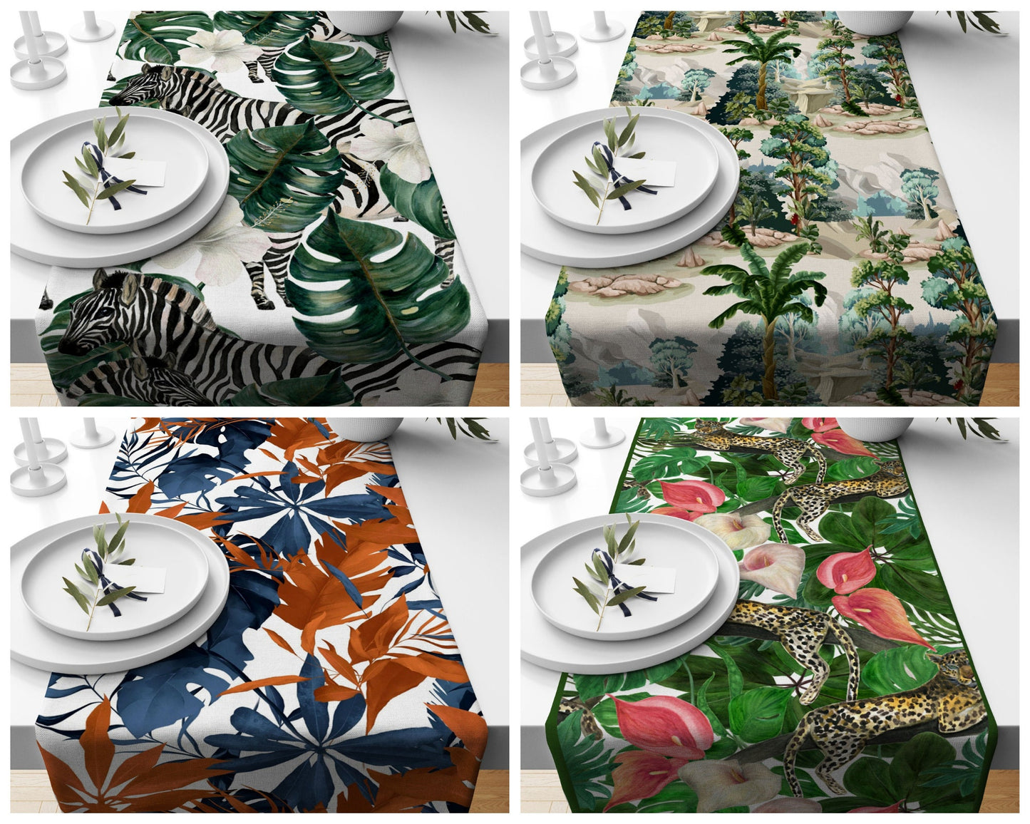 Tropical Zebra and Cheetah Table Runner with Green Palm Leaves