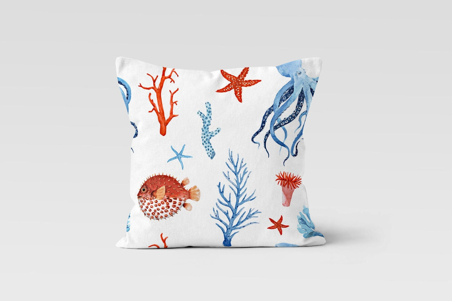 Red and Blue Octopus Cushion Cover, Watercolor Ocean Decor
