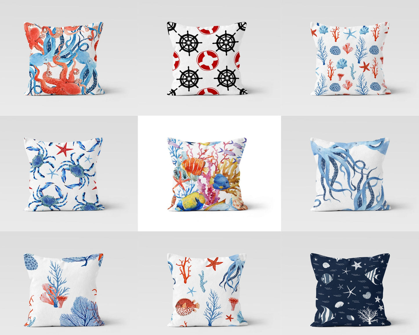Red and Blue Octopus Cushion Cover, Watercolor Ocean Decor