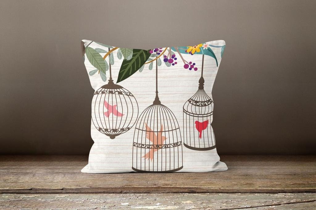 Floral Birdcage Cushion Cover, Winter Birds in Forest Decor