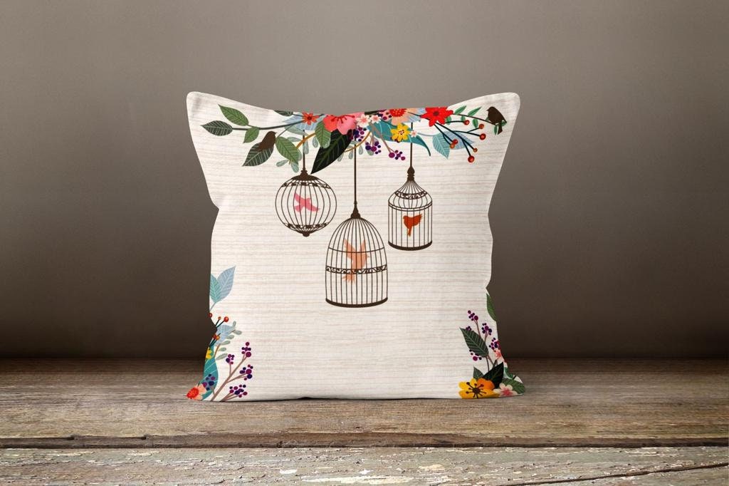 Floral Birdcage Cushion Cover, Winter Birds in Forest Decor
