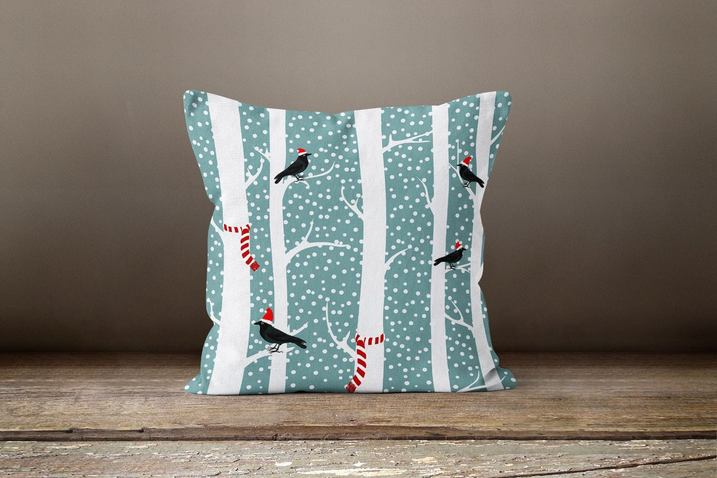 Floral Birdcage Cushion Cover, Winter Birds in Forest Decor