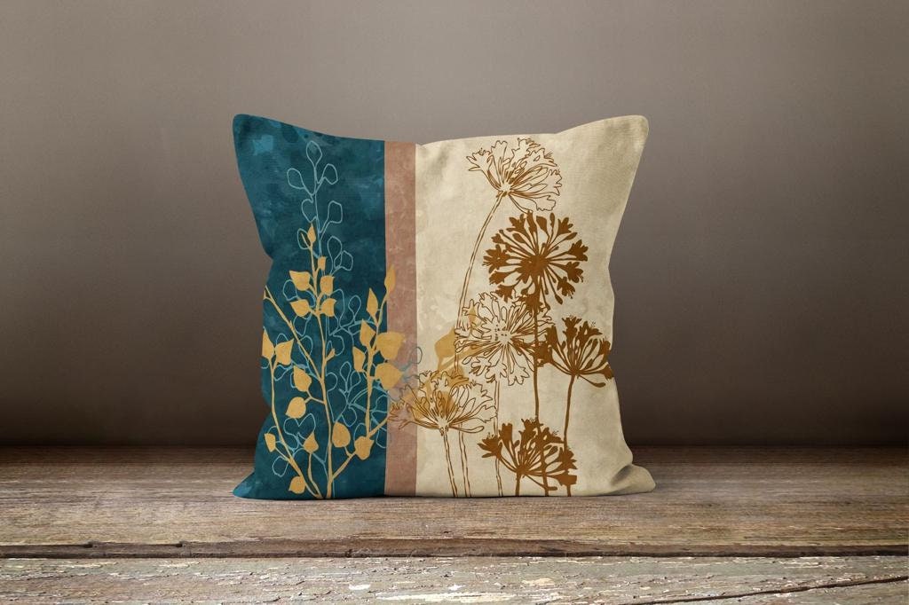 Teal, Gray Floral Cushion Cover, Blue Poppies Botanical Decor