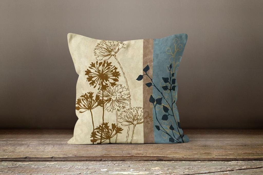 Teal, Gray Floral Cushion Cover, Blue Poppies Botanical Decor