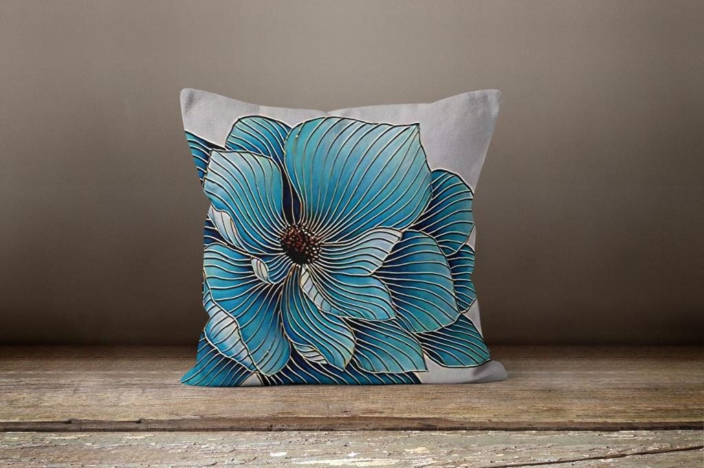Teal, Gray Floral Cushion Cover, Blue Poppies Botanical Decor