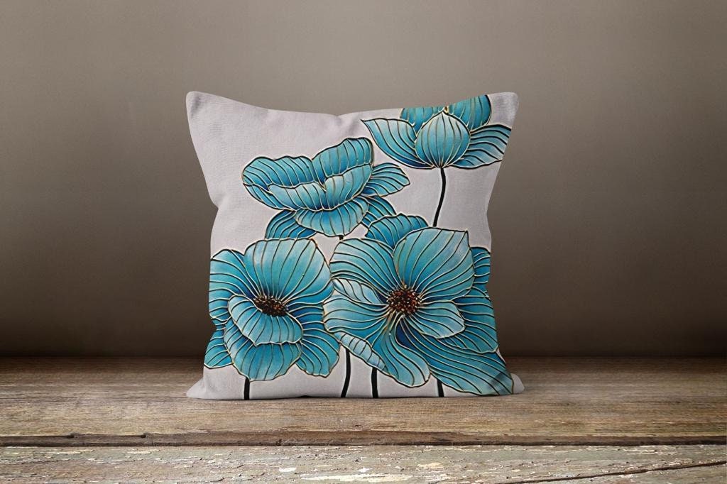 Teal, Gray Floral Cushion Cover, Blue Poppies Botanical Decor