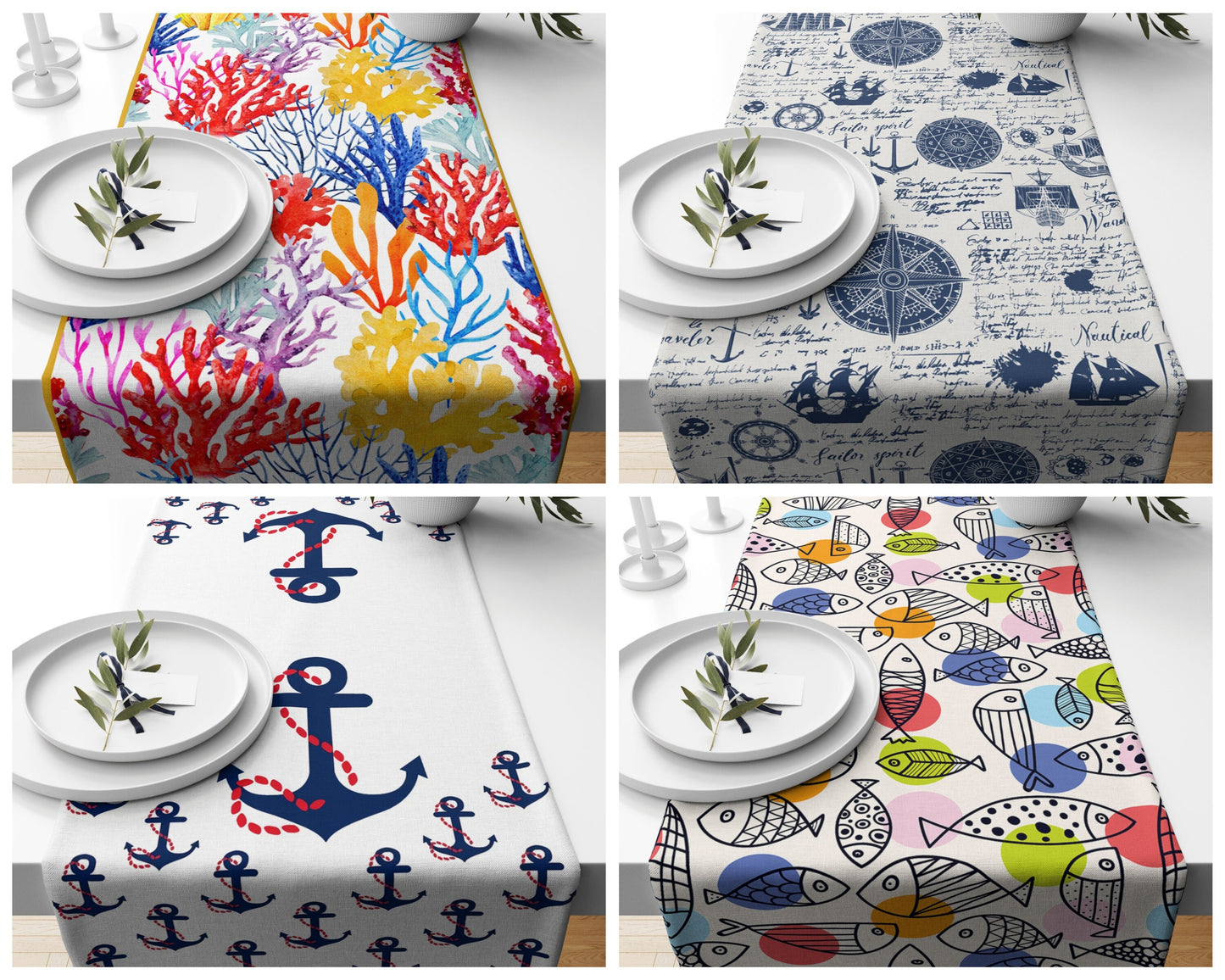 Anchor Coral Table Runner Nautical Table Top