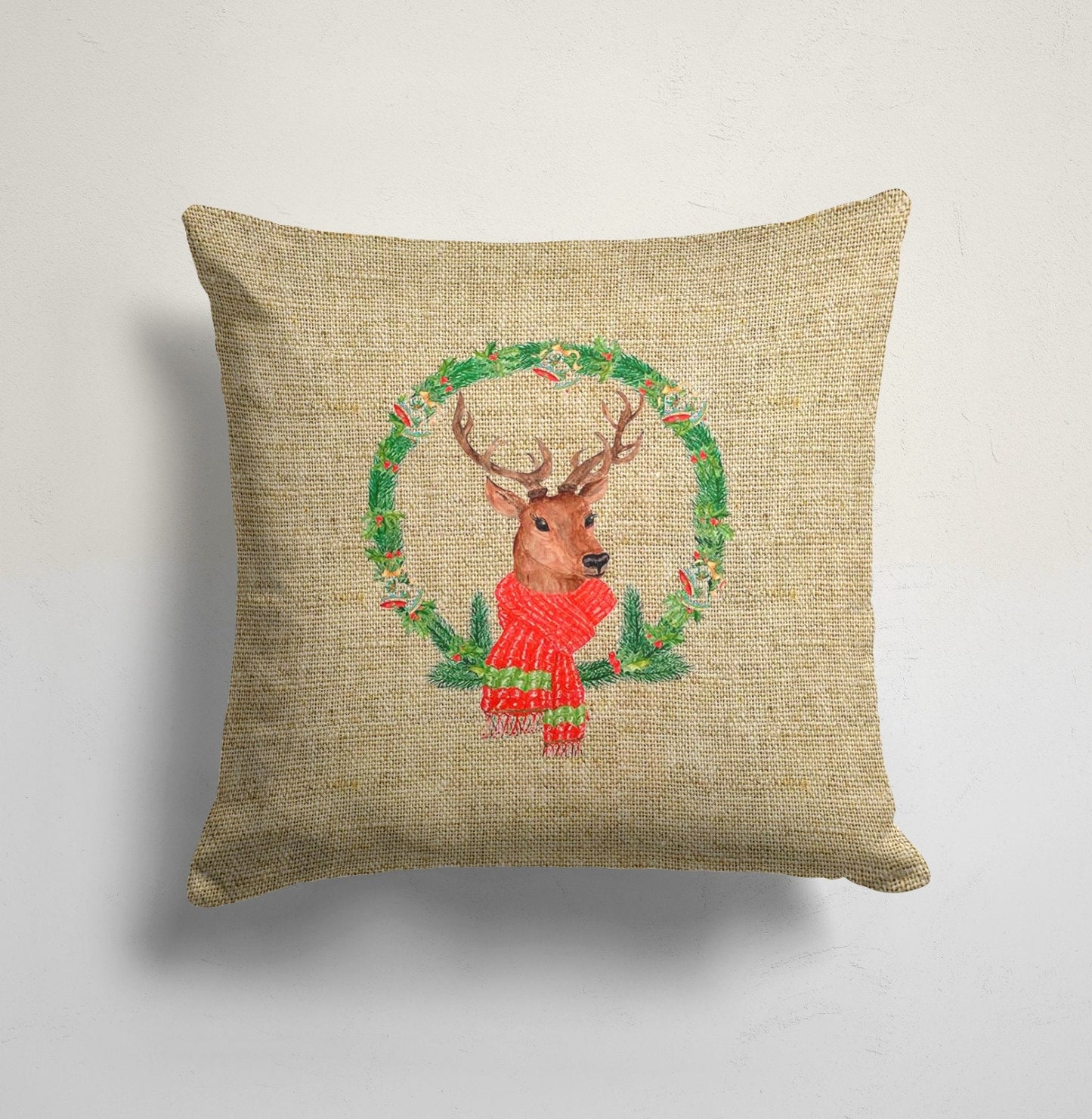 Woodland Deer, Stag Cushion Cover, Holiday Wreath Design