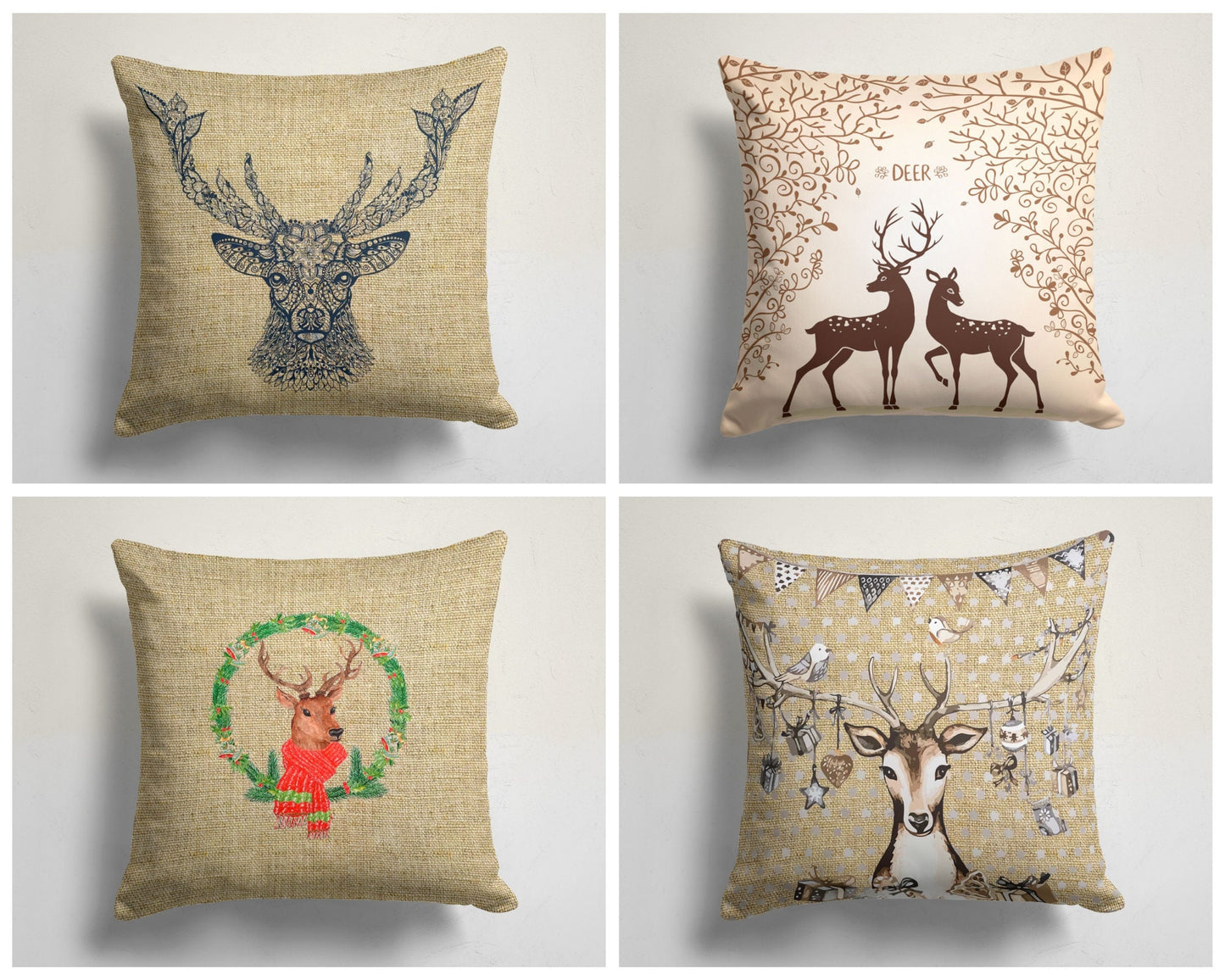 Woodland Deer, Stag Cushion Cover, Holiday Wreath Design