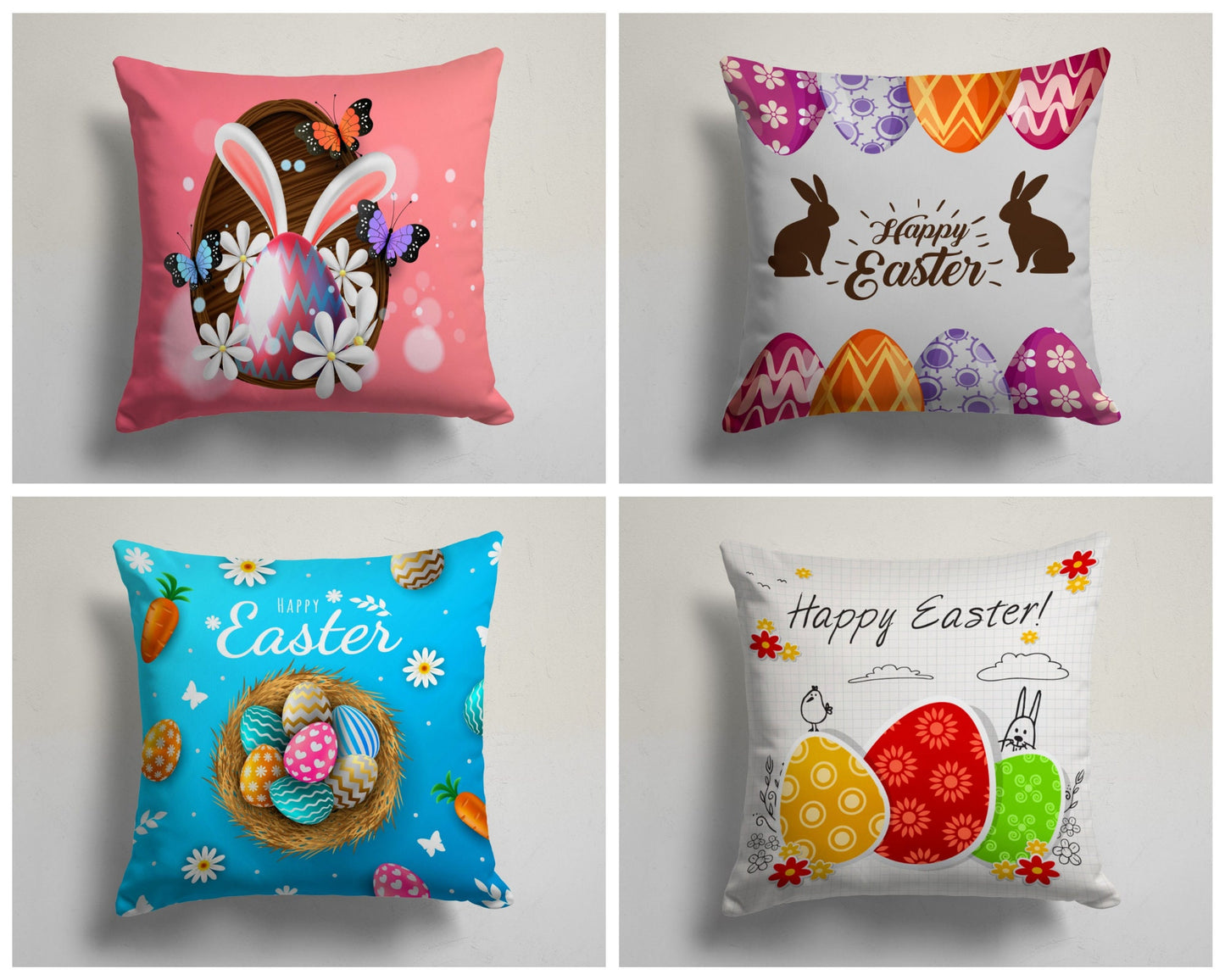 Easter Bunny and Eggs Cushion Cover, Cute Spring Holiday Decor