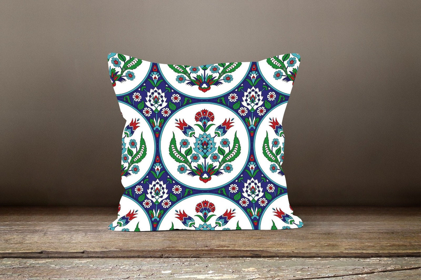 Blue Geometric Turkish Mosaic Style Floral Cushion Cover
