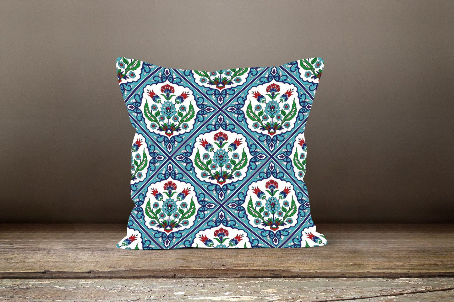 Blue Geometric Turkish Mosaic Style Floral Cushion Cover