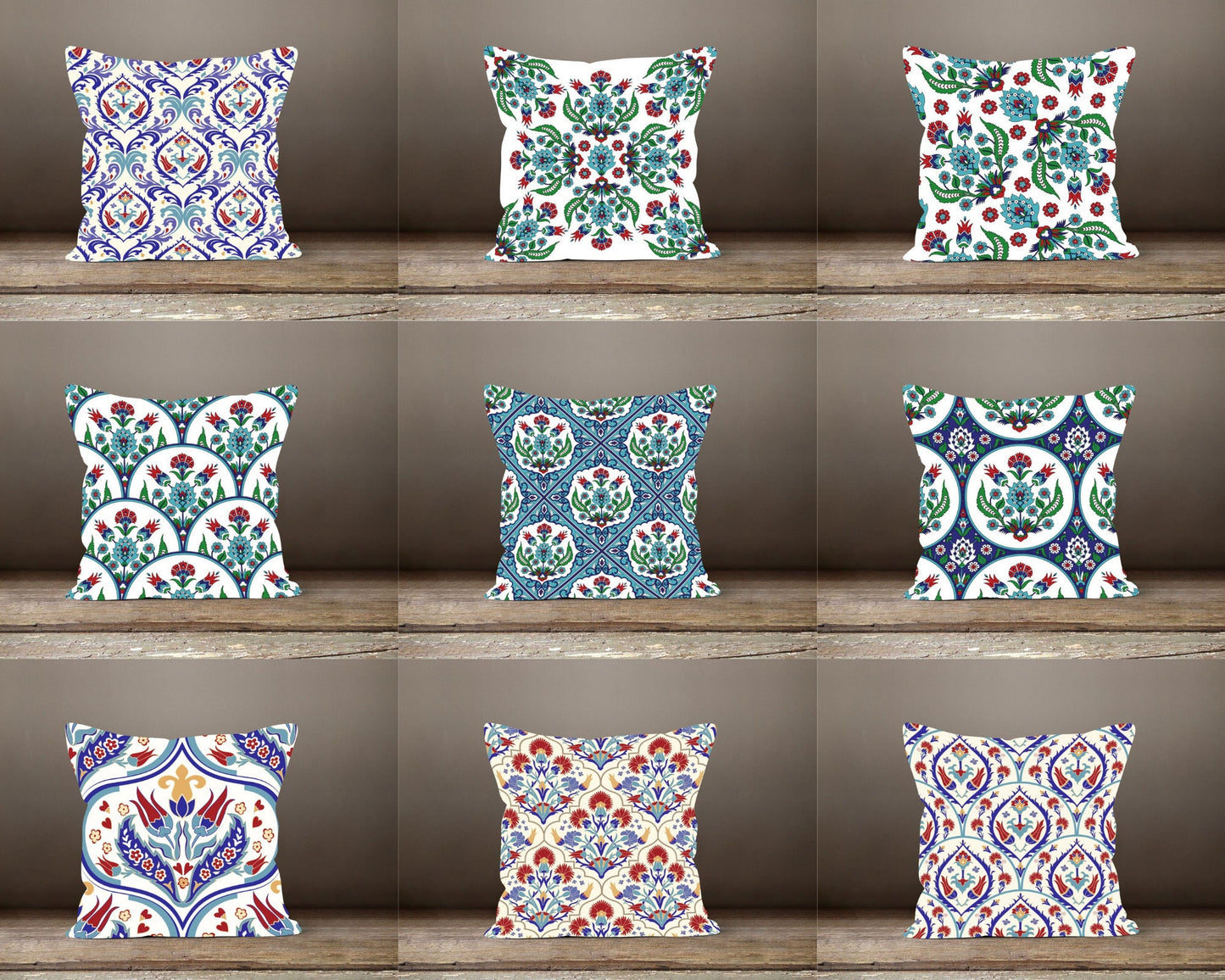 Blue Geometric Turkish Mosaic Style Floral Cushion Cover