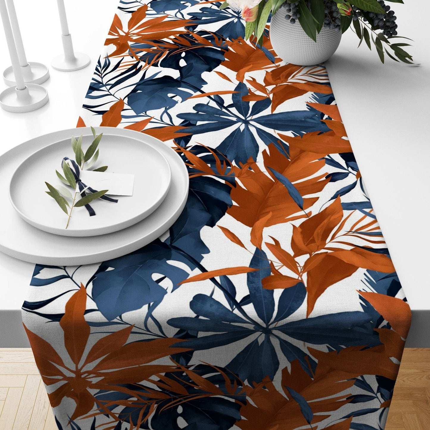 Tropical Zebra and Cheetah Table Runner with Green Palm Leaves