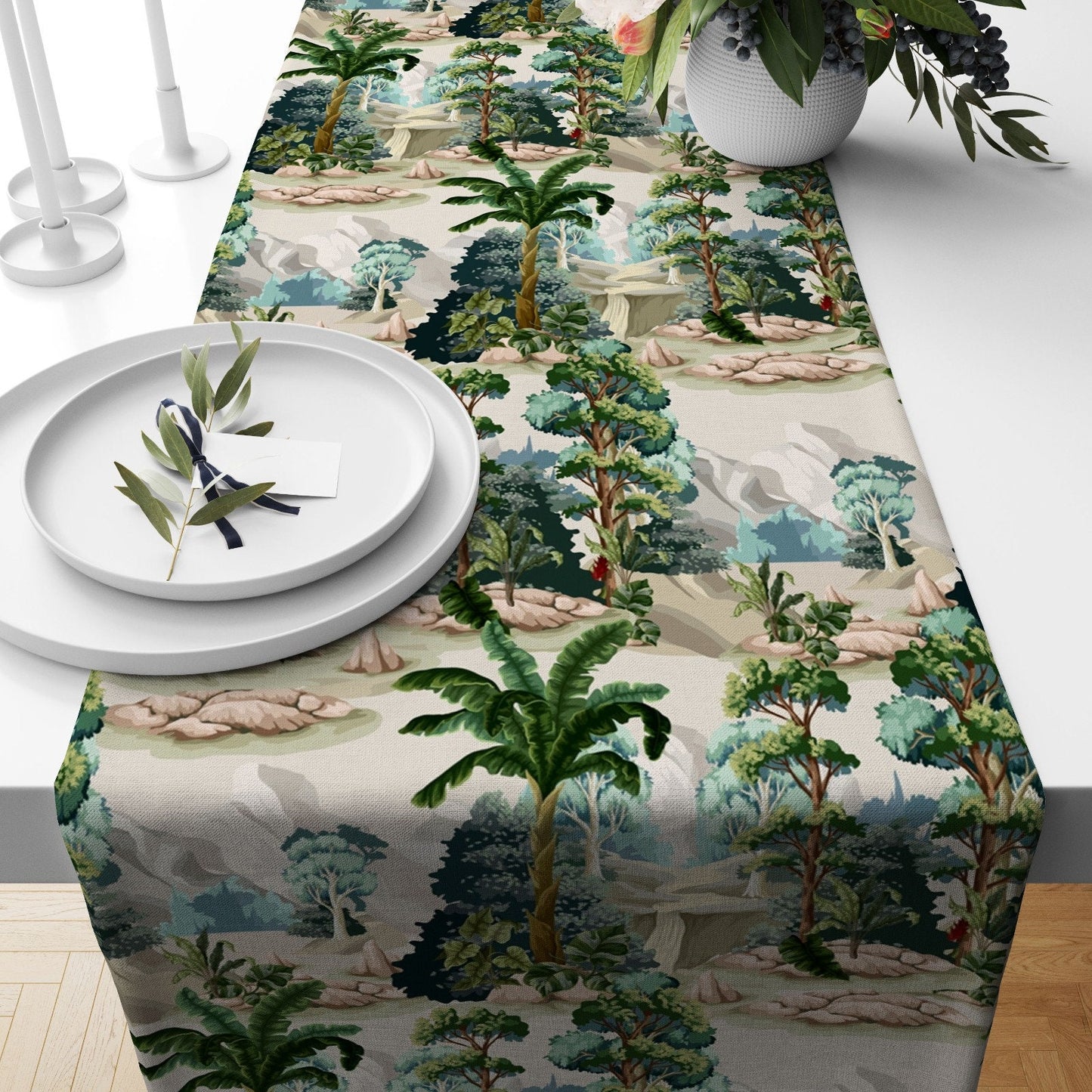 Tropical Zebra and Cheetah Table Runner with Green Palm Leaves